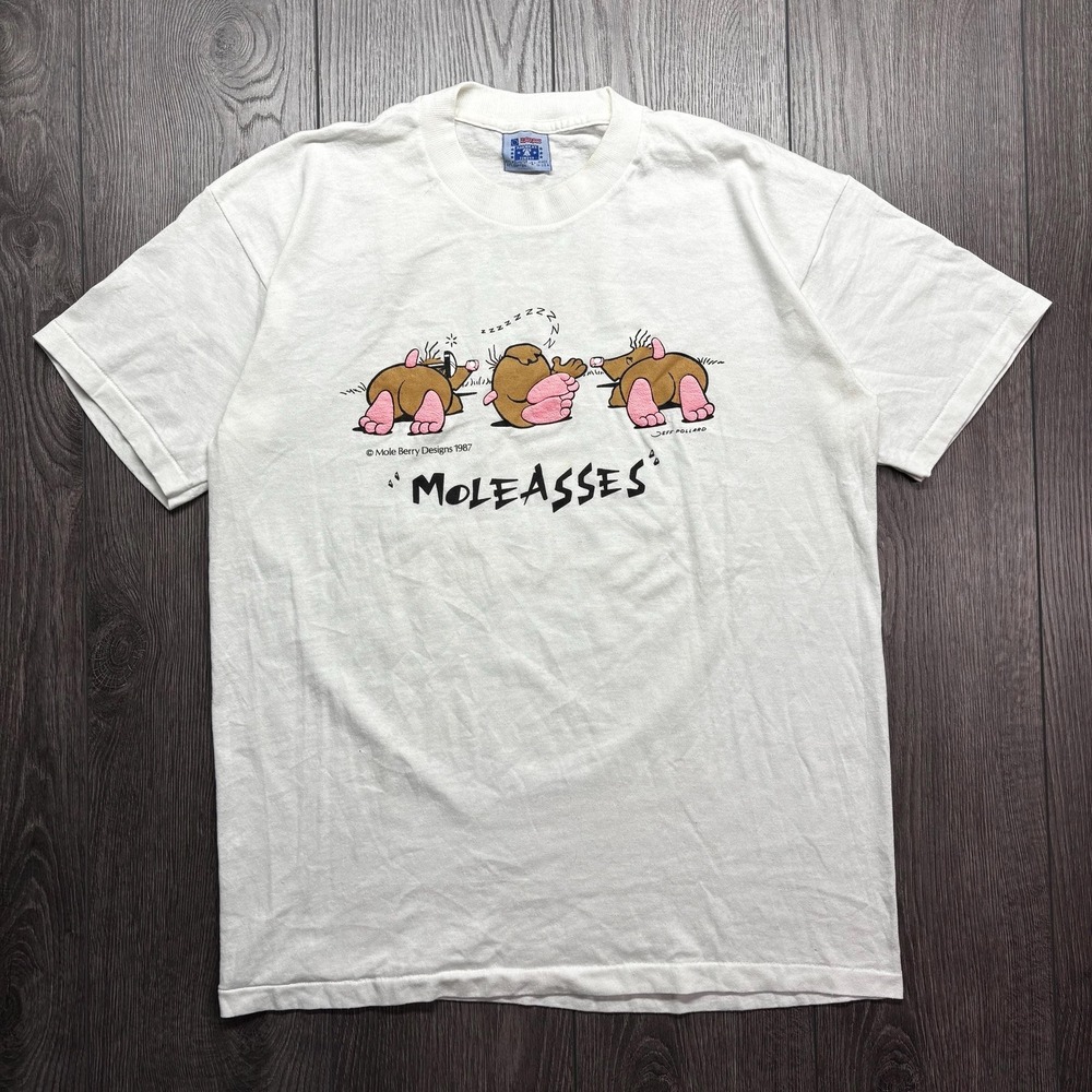 Vintage Moleasses Mole 1980s White T Shirt Large Thin Funny Jeff Pollard